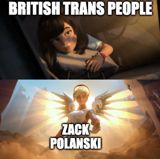 Kid in rumble "british trans people" Angel "Zack Polanski" saving extends hand to help.