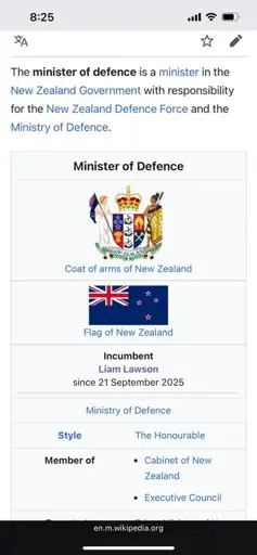 New Minister of Defence Liam Lawson 