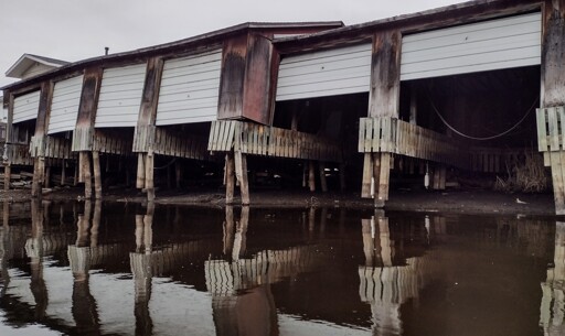 A gloomy grey-skied morning on a muddy creek with a low waterline, revealing the pilings for a row of age-worn empty boathouses.